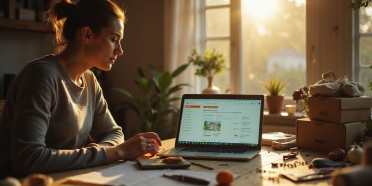 A woman sits at a wooden desk with paperwork and snacks, looking at a laptop screen in a sunlit room filled with houseplants and boxes, reviewing a 60-day checklist to get her house ready to sell.