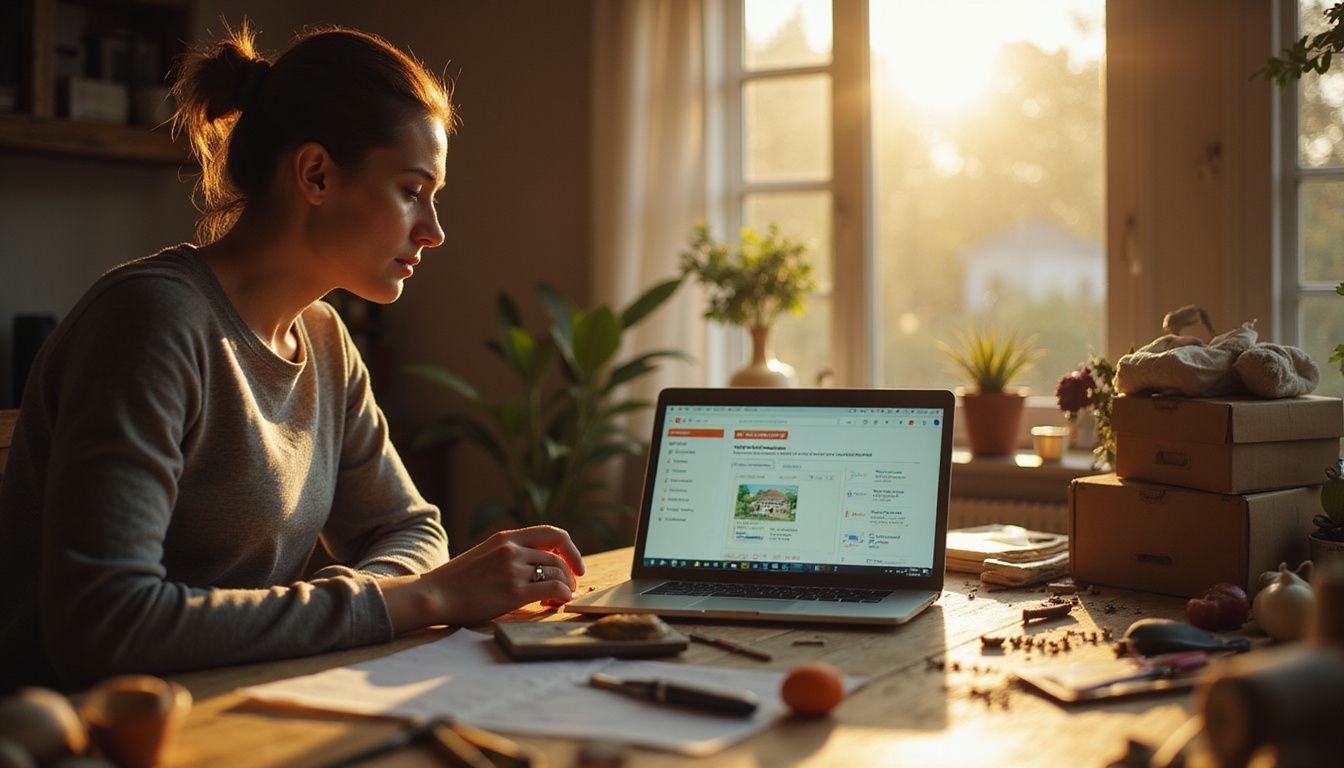A focused individual consults a laptop, preparing a 60-day checklist for selling a home amidst home repair tools.