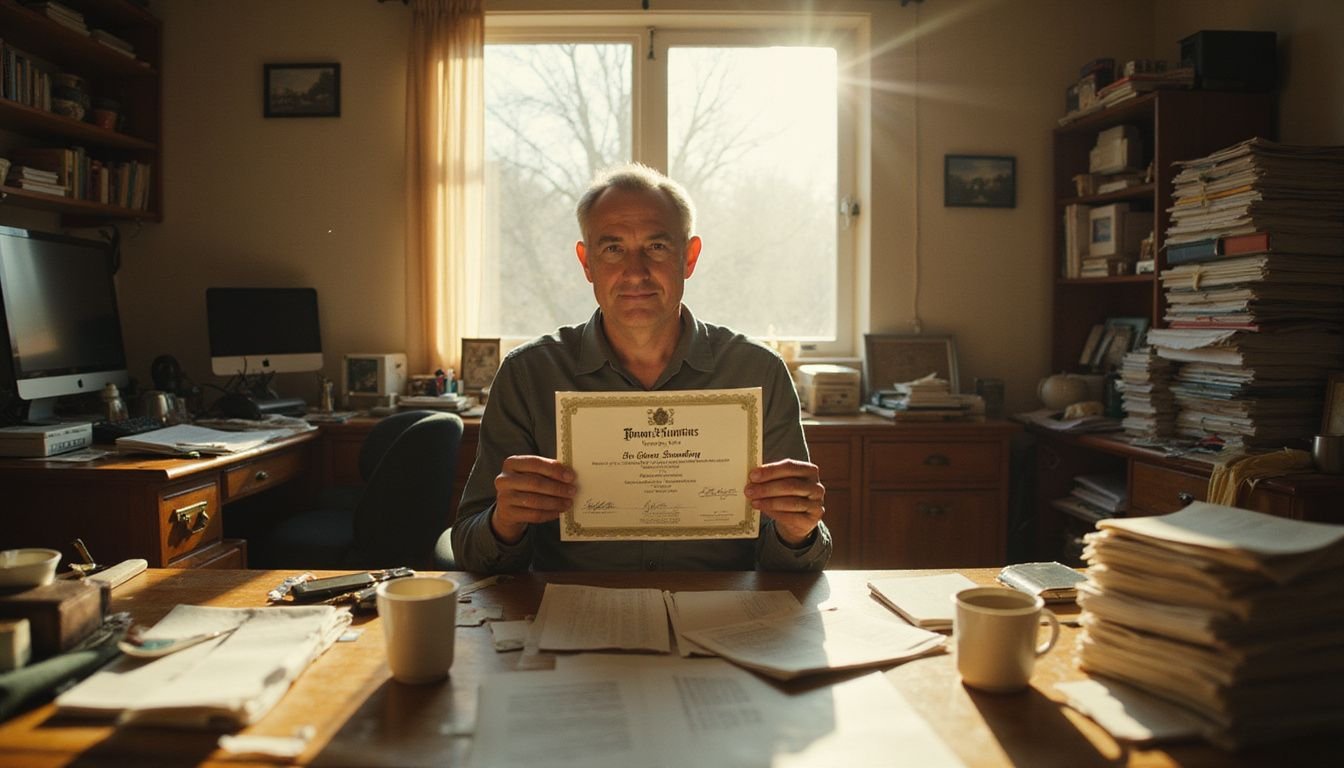 A homeowner proudly holds a certificate amidst a chaotic office, symbolizing small victories amidst everyday life.