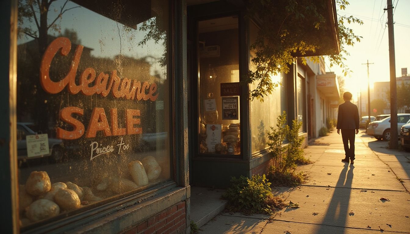 A forgotten shop window displays neglected merchandise, while a lone figure outside reflects on abandonment and lost memories.