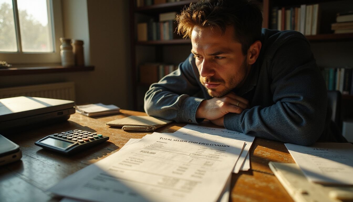 A focused individual reviews a real estate closing statement amid a cluttered home office filled with books and papers.