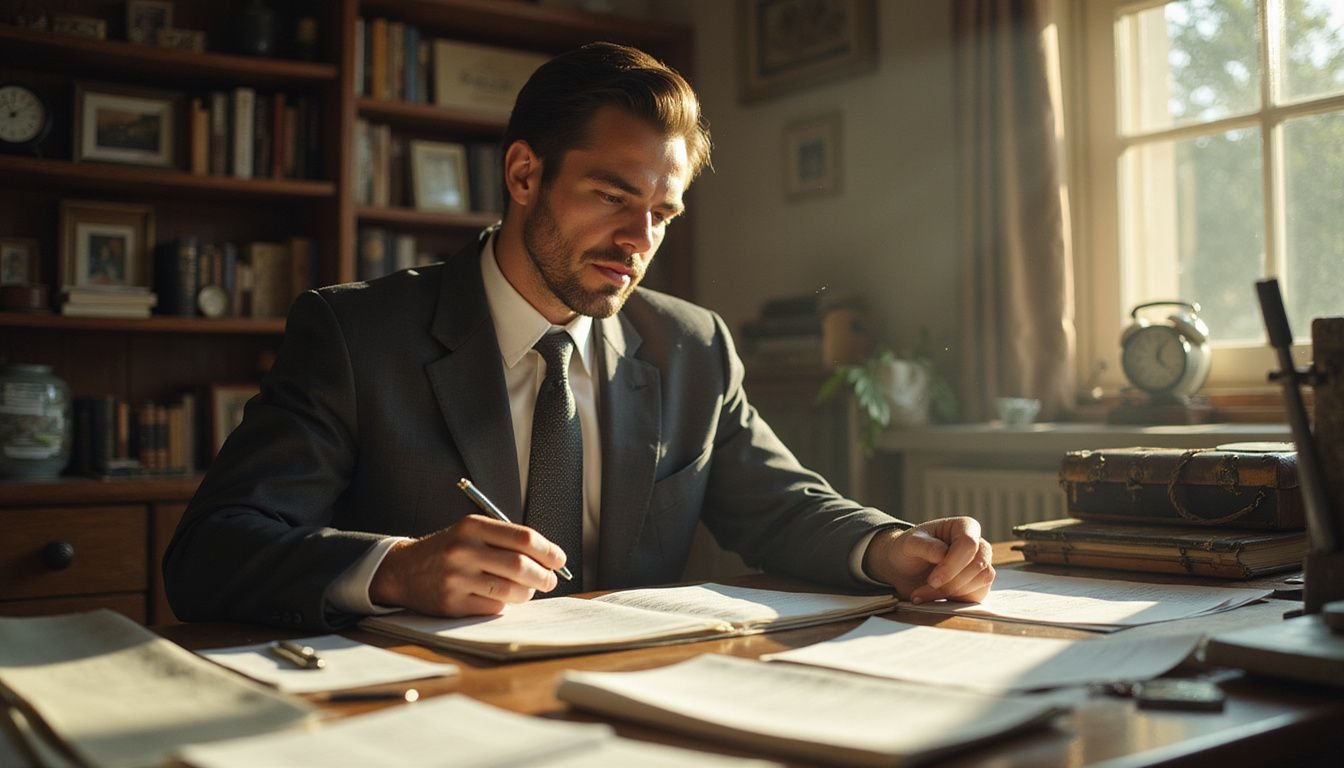 A focused real estate agent reviews a closing disclosure amidst a cluttered desk filled with office documents.