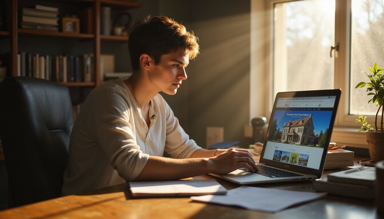 A focused individual studies diverse real estate school websites at a cluttered desk, reflecting a crucial decision-making moment. A focused individual studies diverse real estate school websites at a cluttered desk, reflecting a crucial decision-making moment.