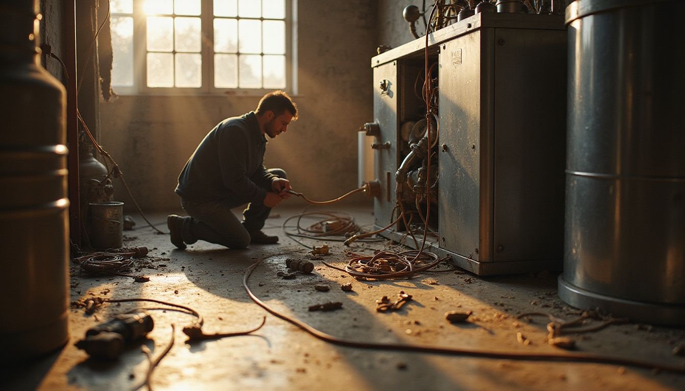 A technician expertly installs an advanced energy-efficient HVAC system in an industrial-style utility room, showcasing skill and focus.