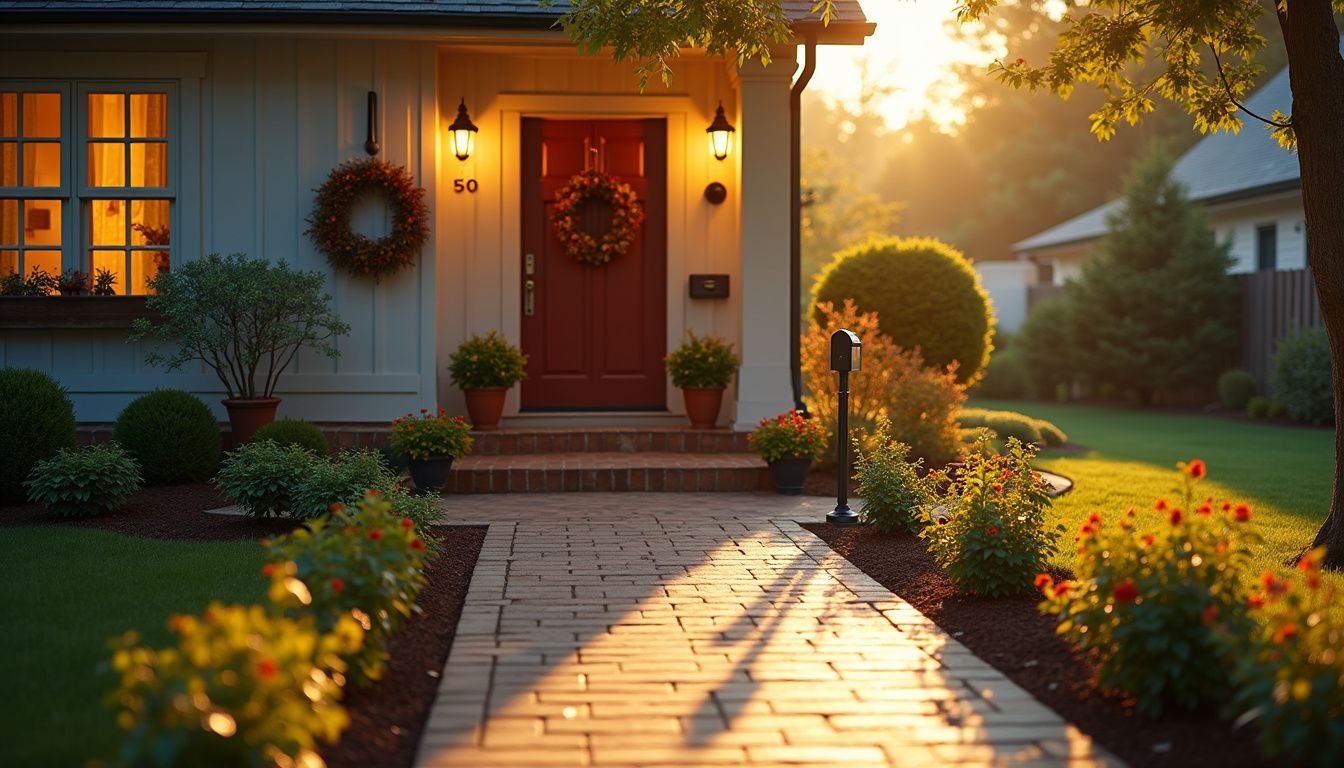 A serene front yard features vibrant potted plants, a polished driveway, and an inviting entrance with a seasonal wreath.