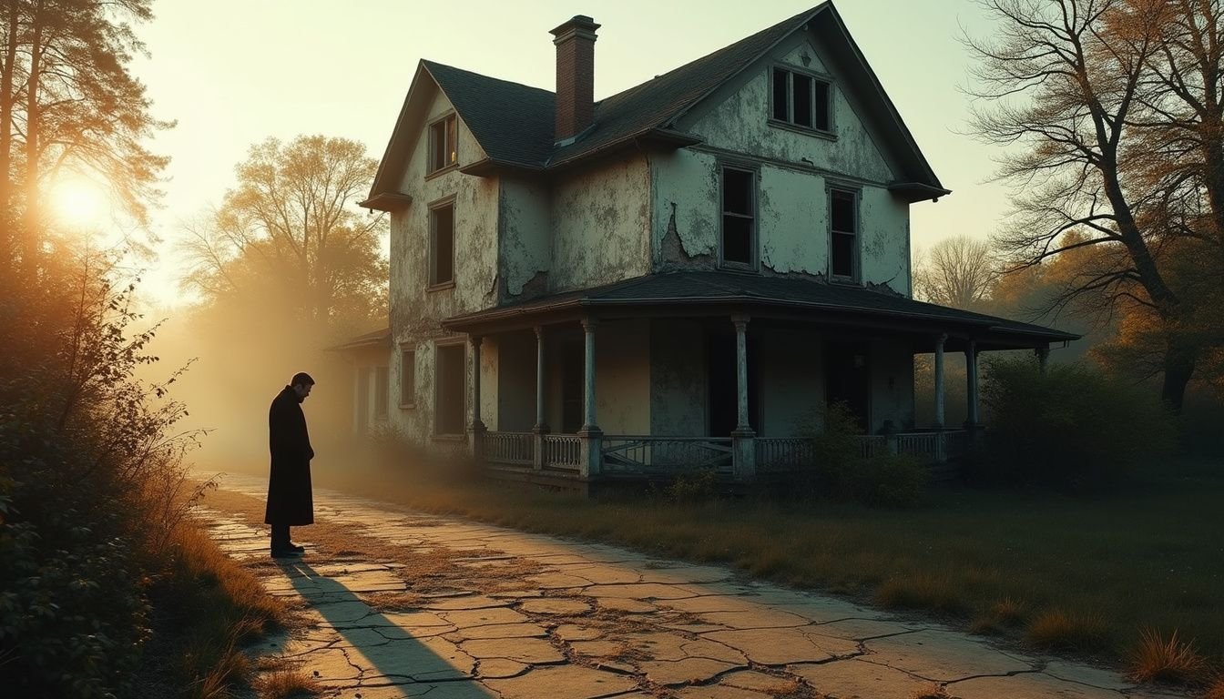 A dilapidated house, overrun by nature, evokes a sense of nostalgia and despair in a solitary figure nearby.