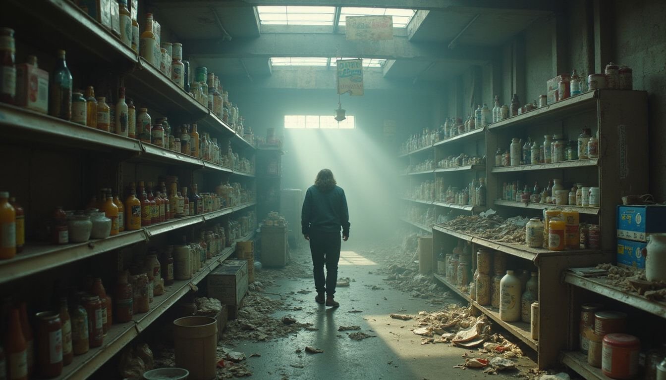 A lone figure stands in a disordered, neglected supermarket aisle filled with colorful, worn products and faded signs.
