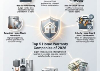 The top 5 U.S home warranty companies of 2026, featuring key details, coverage, and average monthly costs. Discover the best home warranty providers with icons and brief descriptions for each company.