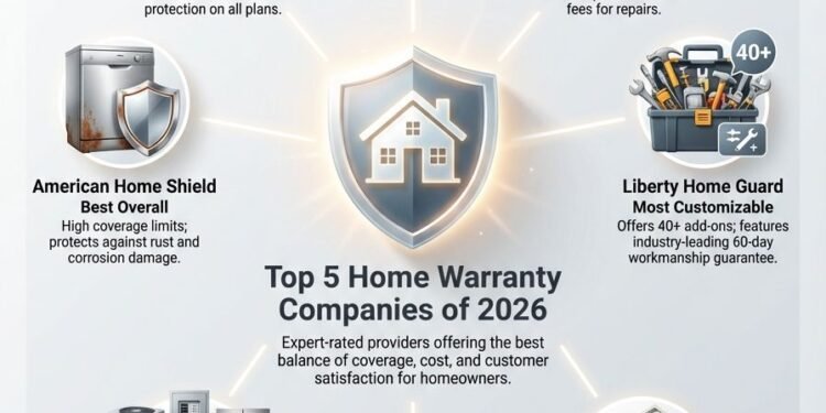 The top 5 U.S home warranty companies of 2026, featuring key details, coverage, and average monthly costs. Discover the best home warranty providers with icons and brief descriptions for each company.