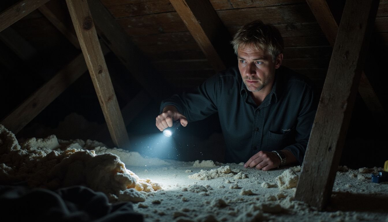 A middle-aged homeowner inspects new insulation in a cluttered attic, embodying determination and introspection amidst the ongoing renovation.