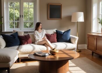 A woman sits on a beige sofa in a bright living room with large windows, a wooden coffee table, and decorative cushions and vases.
