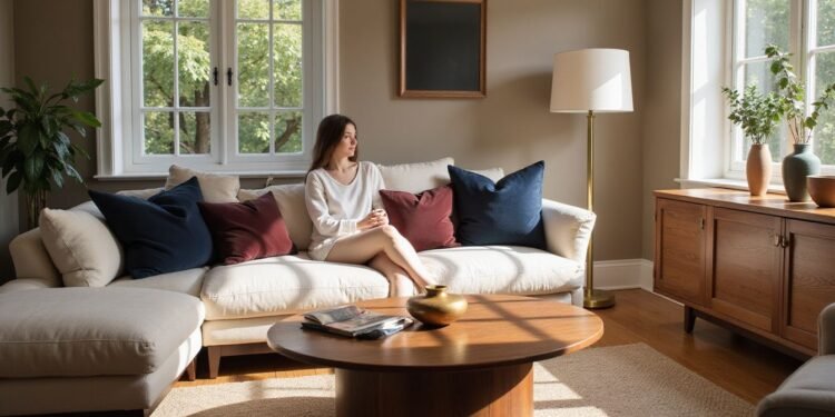 A woman sits on a beige sofa in a bright living room with large windows, a wooden coffee table, and decorative cushions and vases.