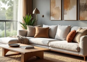 A modern living room with a white sectional sofa, brown and beige cushions, a wooden coffee table, abstract wall art, and large windows letting in natural light.