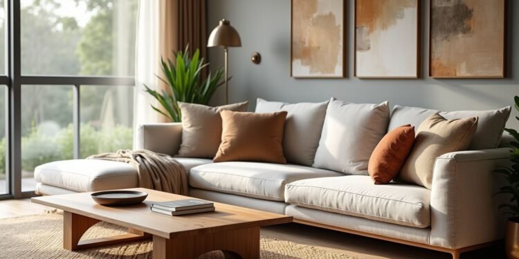 A modern living room with a white sectional sofa, brown and beige cushions, a wooden coffee table, abstract wall art, and large windows letting in natural light.