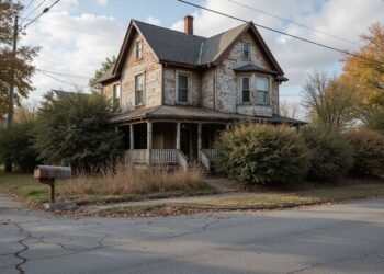 A two-story, weathered wooden house with peeling paint sits on a corner lot, surrounded by overgrown bushes and grass under a partly cloudy sky.