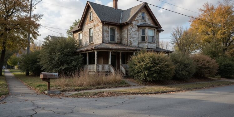 A two-story, weathered wooden house with peeling paint sits on a corner lot, surrounded by overgrown bushes and grass under a partly cloudy sky.
