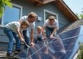 Two adults and two children install or clean solar panels on the roof of a house under a clear sky, all wearing casual clothes.