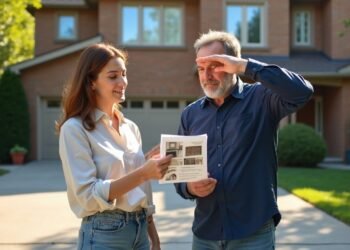 A woman and a man stand outside a suburban house, looking at a real estate brochure together on a sunny day.