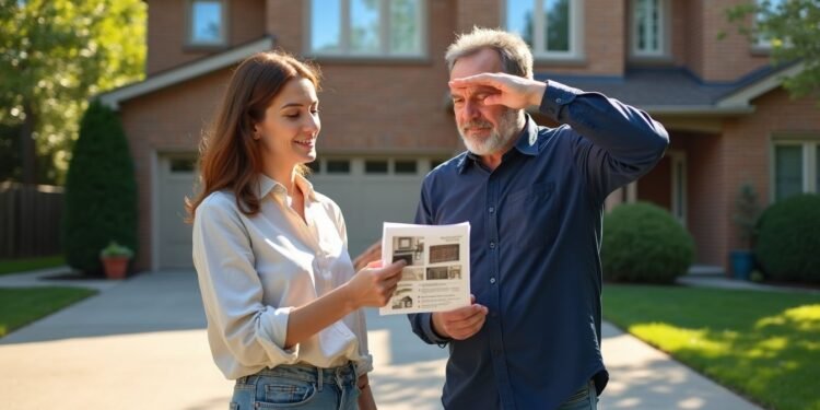 A woman and a man stand outside a suburban house, looking at a real estate brochure together on a sunny day.