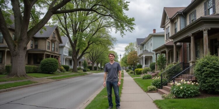 A man in a gray t-shirt and jeans stands on a sidewalk in a quiet residential neighborhood lined with trees and large houses.