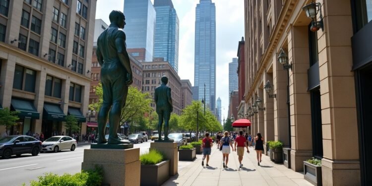 Pedestrians walk along a city sidewalk lined with tall buildings and statues, with skyscrapers visible in the background under a partly cloudy sky.