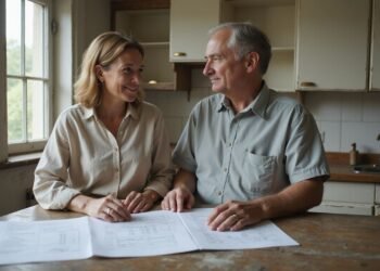 Two people sit at a kitchen table looking at documents together, both smiling and wearing casual button-down shirts. The room appears modest with natural light coming through a window.