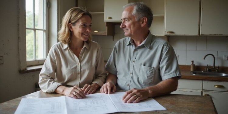 Two people sit at a kitchen table looking at documents together, both smiling and wearing casual button-down shirts. The room appears modest with natural light coming through a window.