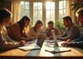 Six people sit around a wooden table with laptops and papers, working and writing together in a sunlit room with large windows and plants.