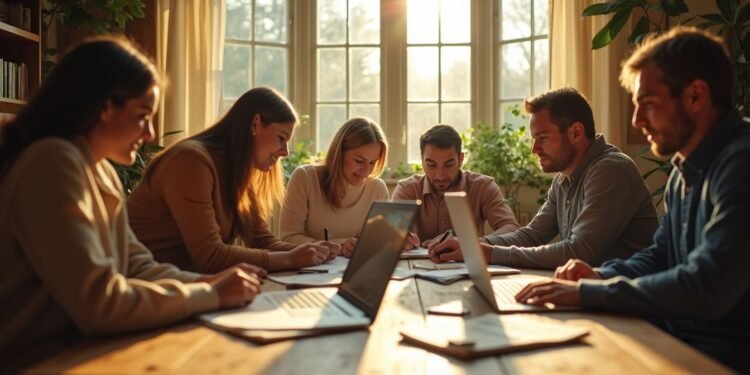 Six people sit around a wooden table with laptops and papers, working and writing together in a sunlit room with large windows and plants.