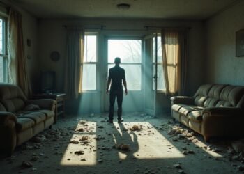 A person stands in a dusty, abandoned living room with debris on the floor, facing an open door filled with sunlight.