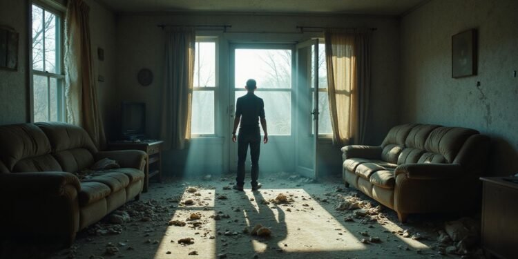 A person stands in a dusty, abandoned living room with debris on the floor, facing an open door filled with sunlight.