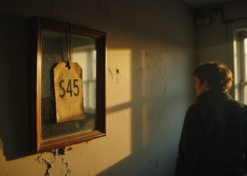 A person stands in a dimly lit room, looking at a wall mirror with a price tag reading "$45" hanging from it.