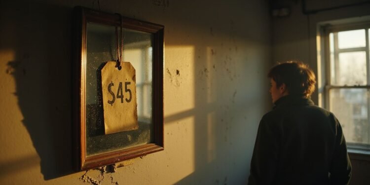 A person stands in a dimly lit room, looking at a wall mirror with a price tag reading "$45" hanging from it.