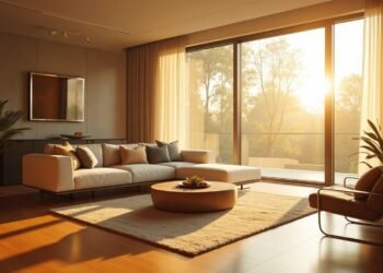 A modern living room with a large sectional sofa, round coffee table, armchair, plants, and floor-to-ceiling windows letting in warm sunlight.