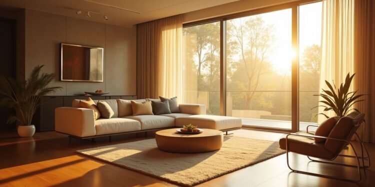 A modern living room with a large sectional sofa, round coffee table, armchair, plants, and floor-to-ceiling windows letting in warm sunlight.