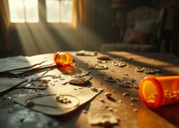A wooden table is scattered with jewelry, papers, and an open orange pill bottle spilling pills, with sunlight streaming through a window in the background.