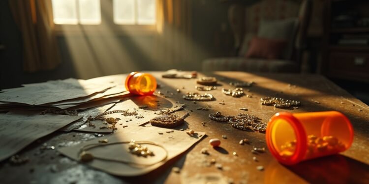 A wooden table is scattered with jewelry, papers, and an open orange pill bottle spilling pills, with sunlight streaming through a window in the background.