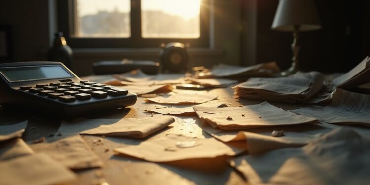 A desk covered with scattered papers, a calculator, a lamp, and other office items, with sunlight streaming through a window in the background.