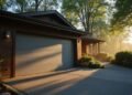 A modern brown house with a gray garage door and concrete driveway, surrounded by greenery, in the morning sunlight.