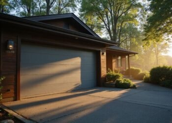 A modern brown house with a gray garage door and concrete driveway, surrounded by greenery, in the morning sunlight.