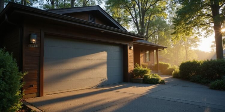 A modern brown house with a gray garage door and concrete driveway, surrounded by greenery, in the morning sunlight.