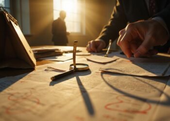 A sunlit office desk covered with documents, a magnifying glass, a pen, and hands reviewing papers, with two people standing by the window in the background.