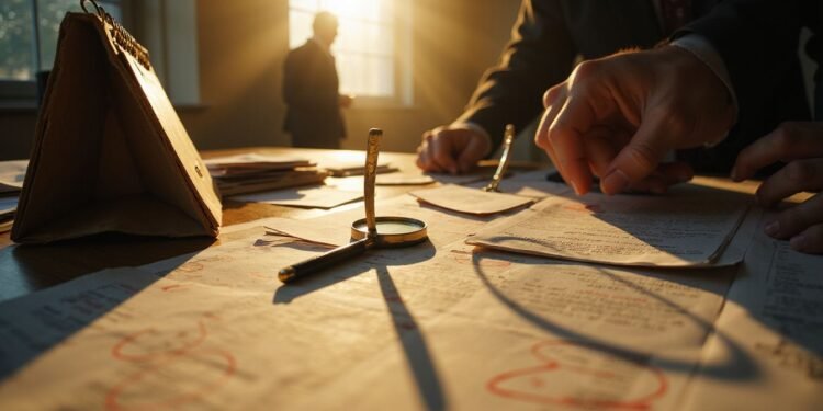 A sunlit office desk covered with documents, a magnifying glass, a pen, and hands reviewing papers, with two people standing by the window in the background.