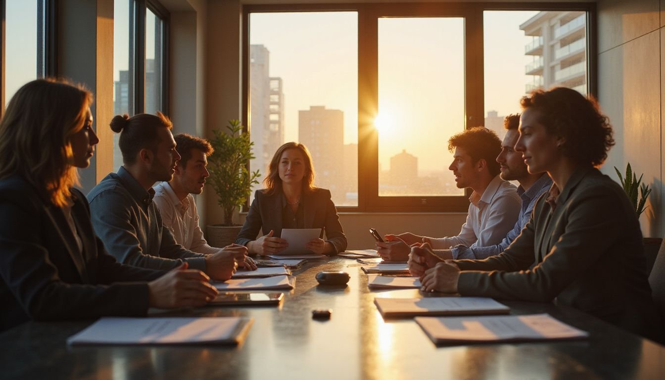 A diverse group of professionals engages in a spirited debate about the real estate market around a sleek conference table. A diverse group of professionals engages in a spirited debate about the real estate market around a sleek conference table.