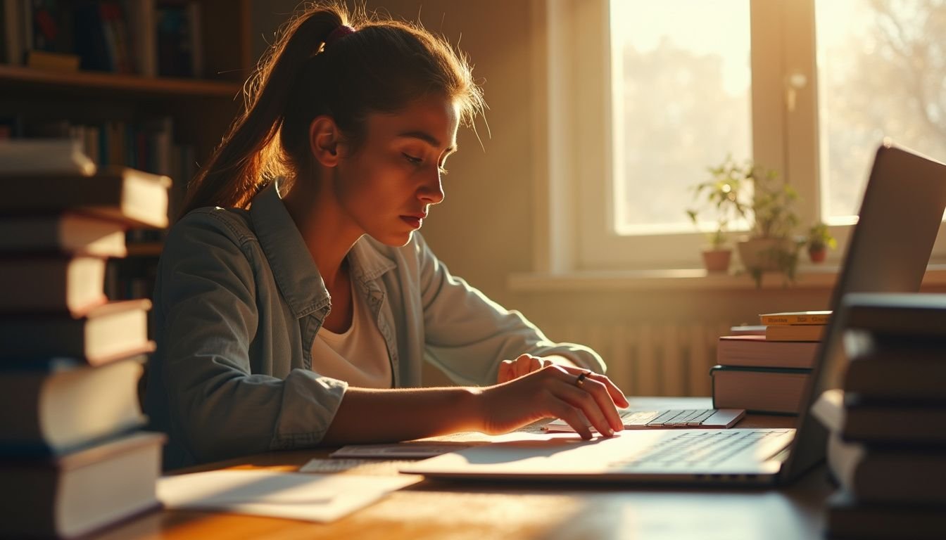 A determined young adult studies real estate materials at a cluttered desk, symbolizing ambition and the challenge of success. A determined young adult studies real estate materials at a cluttered desk, symbolizing ambition and the challenge of success.