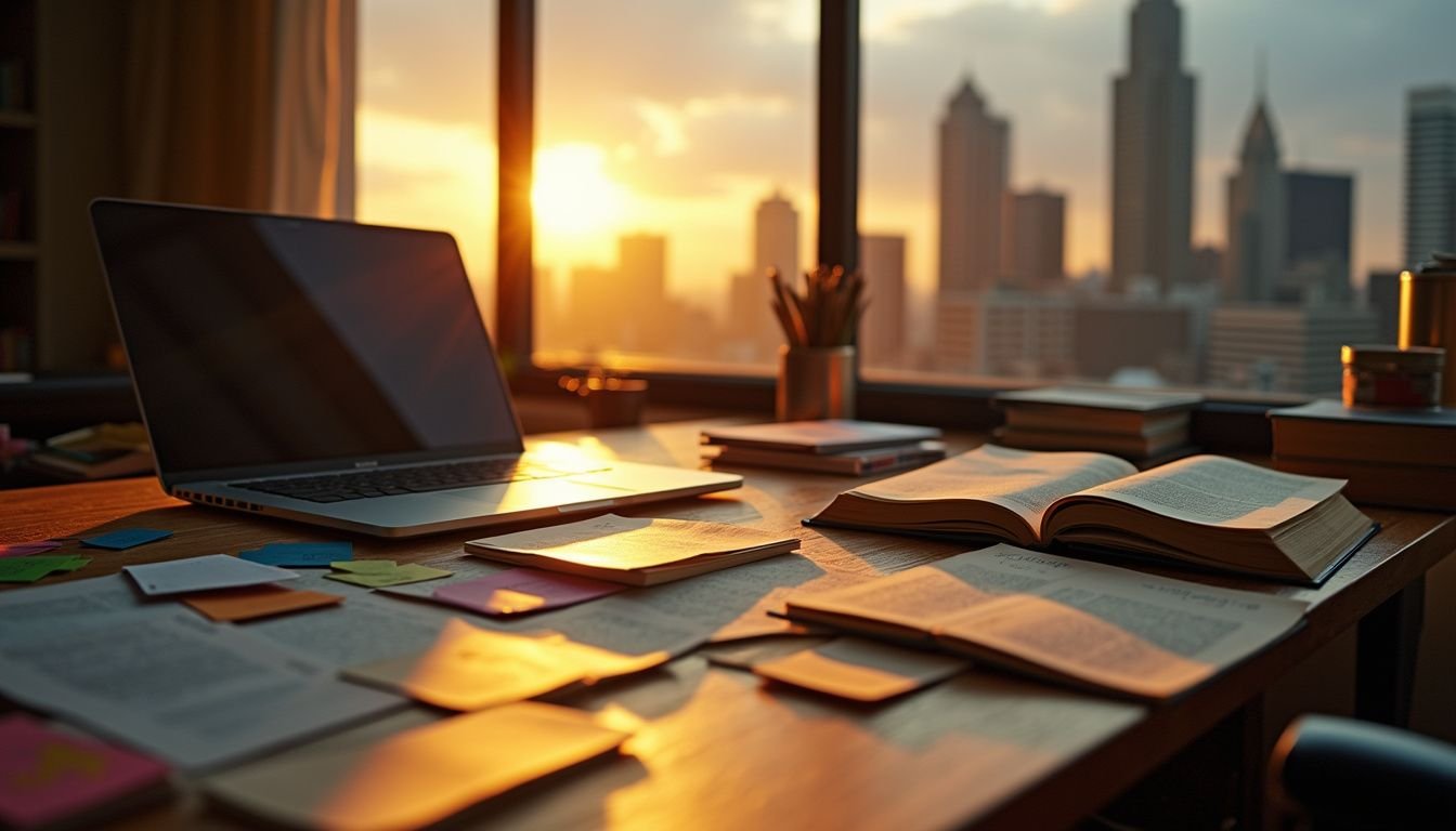 A cluttered desk filled with real estate textbooks and flashcards reflects intense study amid a city skyline backdrop. A cluttered desk filled with real estate textbooks and flashcards reflects intense study amid a city skyline backdrop.
