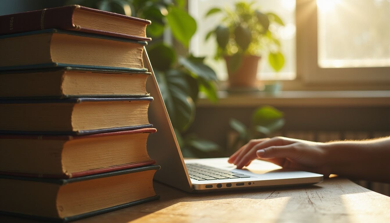 A stack of real estate textbooks and a laptop create an inspiring atmosphere of focused study and ambition. A stack of real estate textbooks and a laptop create an inspiring atmosphere of focused study and ambition.