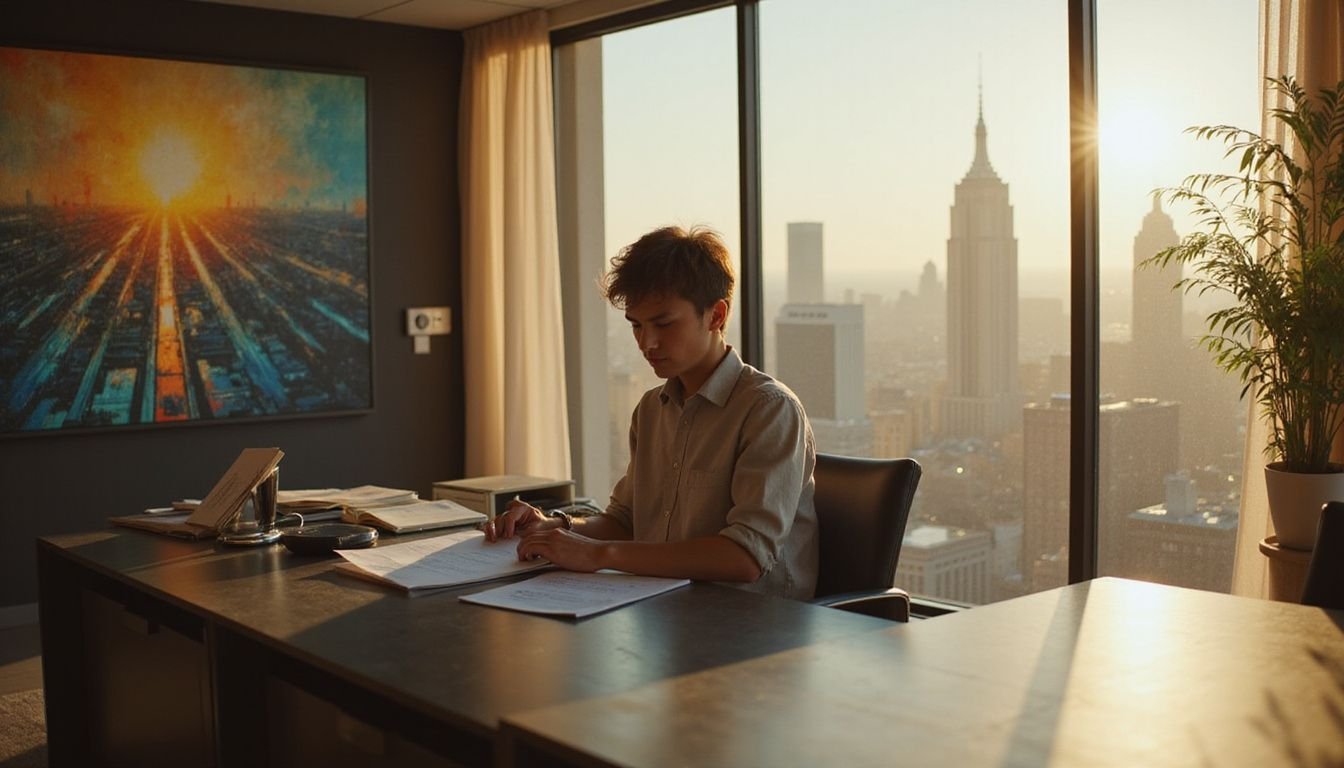 A focused individual reviews paperwork at a modern desk in a stylish office, embodying determination amidst an urban backdrop.