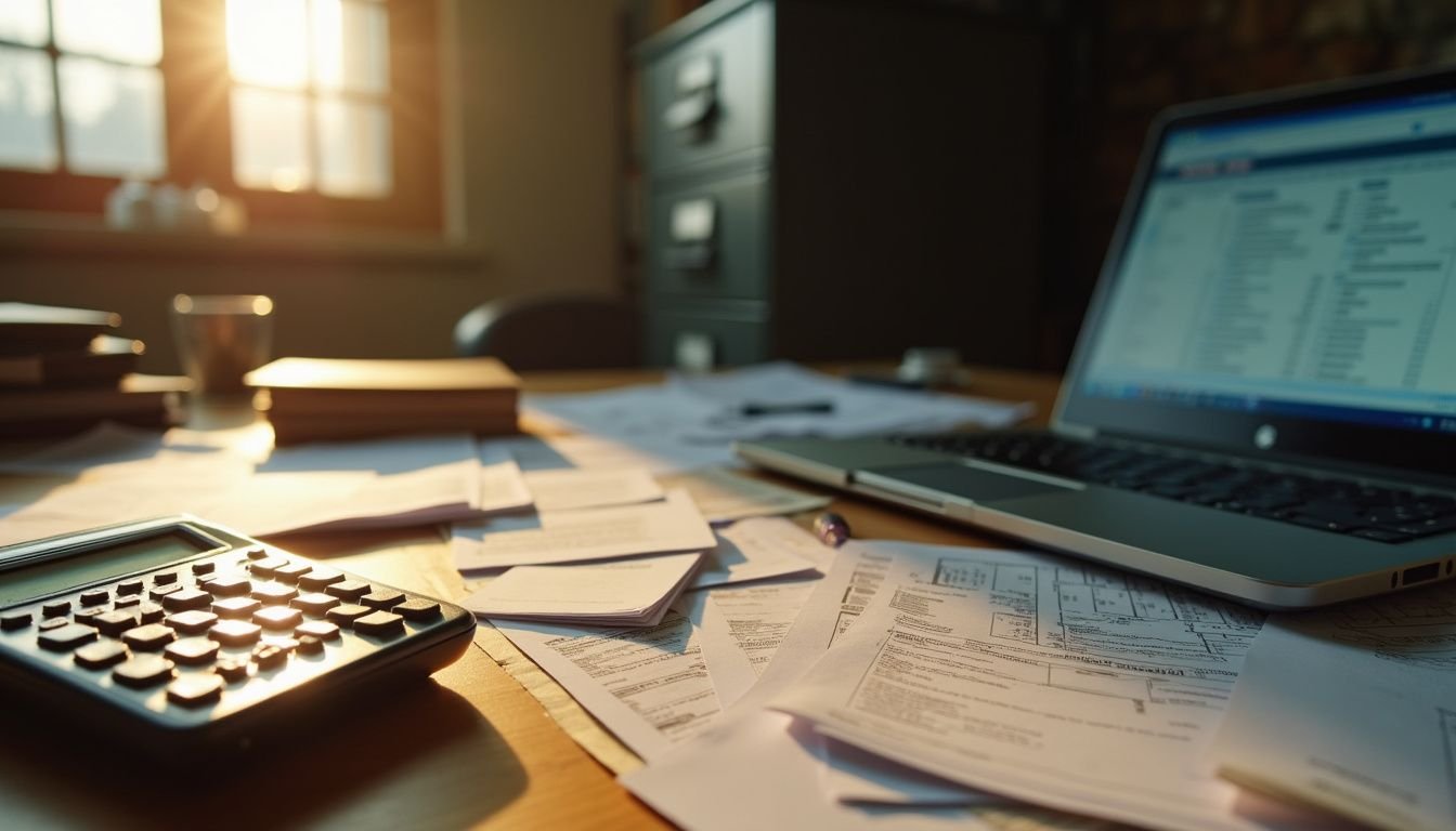 A cluttered office desk filled with tax documents and a laptop displays IRS Form 8824, evoking financial stress.