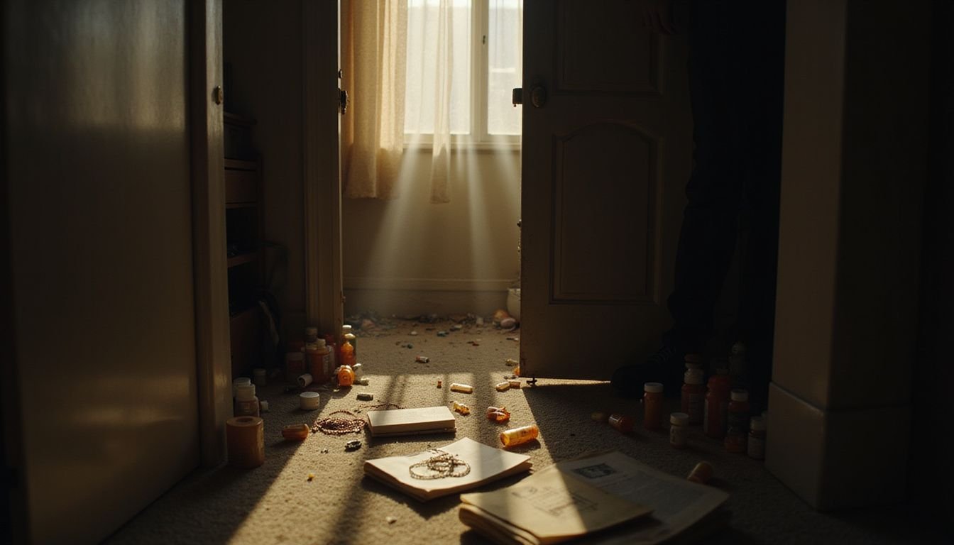 A locked closet reveals scattered jewelry, prescription bottles, and personal documents, hinting at hidden stories and quiet vulnerability.